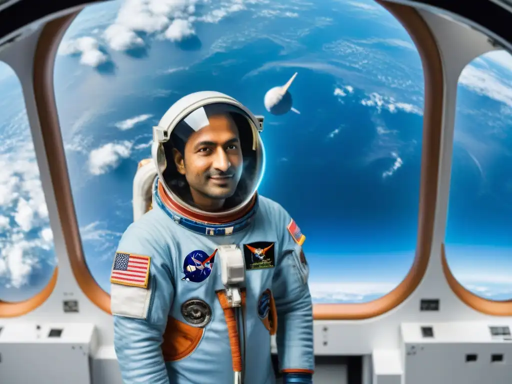 Exploración espacial: Rakesh Sharma en traje de la ISRO flota en nave espacial, admirando la Tierra desde el espacio