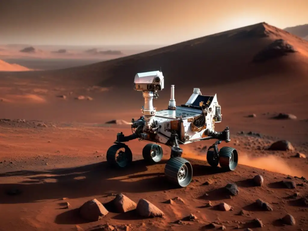 Robótica avanzada recolectando muestras en Marte Exploración espacial con robots avanzados: Un brazo robótico en Marte recolectando muestras en un paisaje marciano, destacando tecnología y precisión