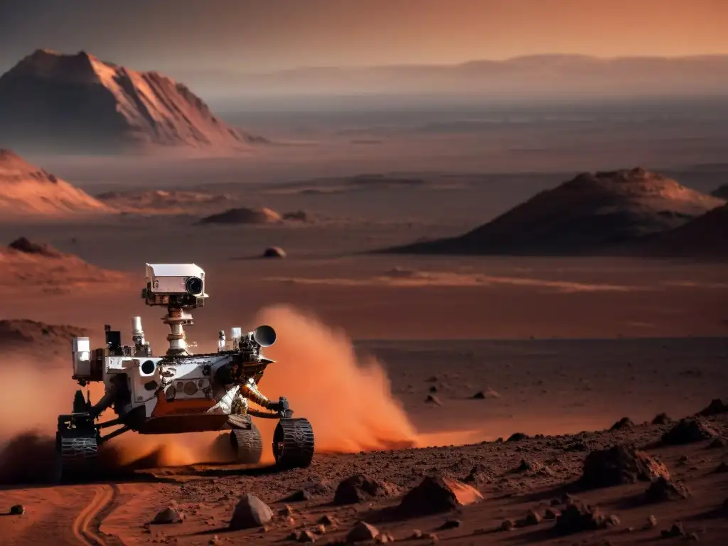 Exploración marciana: Perseverance y helicóptero Ingenuity en acción Exploración espacial con robots avanzados: Detalle de Marte con el rover Perseverance y el helicóptero Ingenuity, paisaje rojizo y cielo marciano