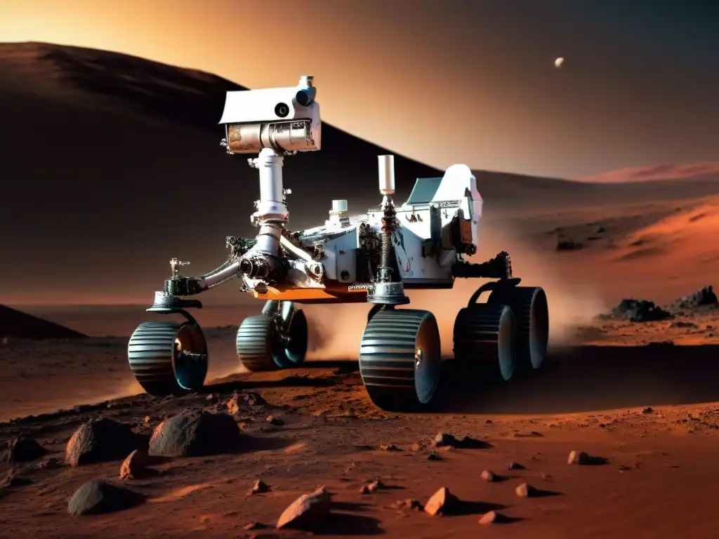 Exploración en Marte: Rover Curiosity en acción Exploración espacial con robots avanzados: Detallada imagen del rover Curiosity en Marte, recogiendo muestras al atardecer