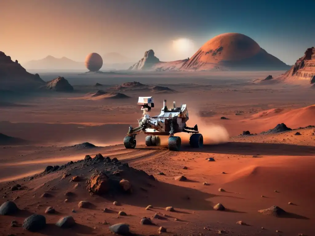 Exploración espacial en Marte siglo XXI: un paisaje marciano con rocas, polvo y un rover científico bajo el sol poniente