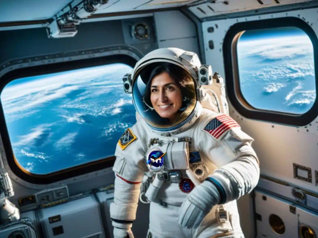 Exploración Espacial: Sunita Williams en la Estación Espacial, flotando con gracia mientras trabaja, con la Tierra de fondo