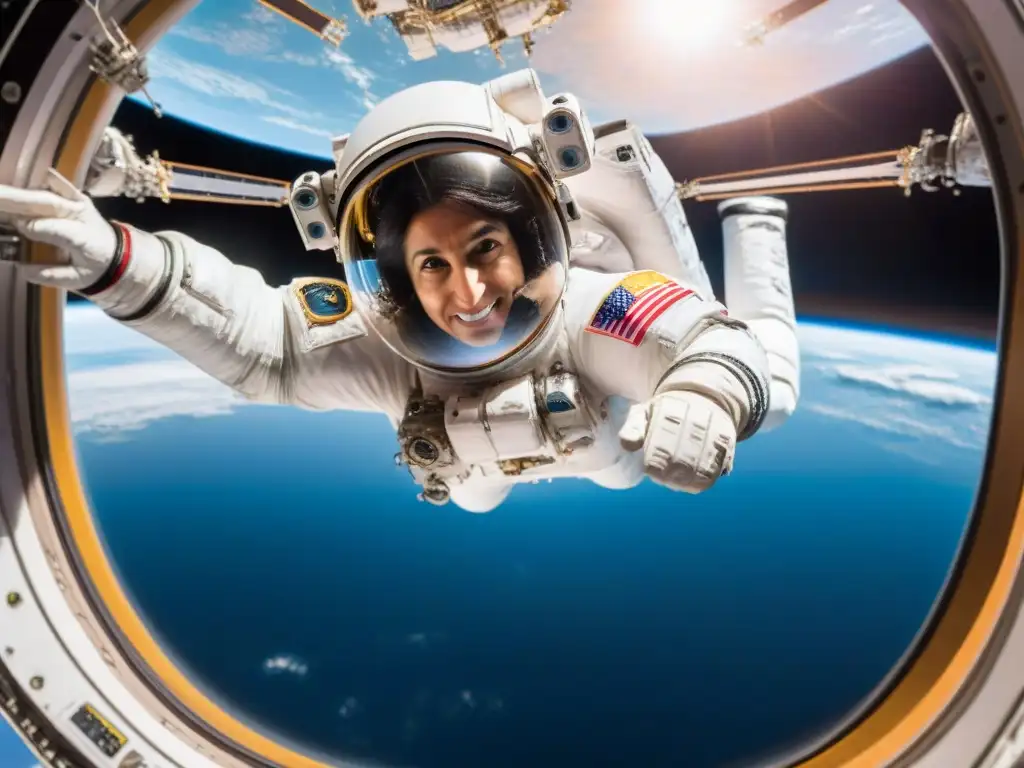 Exploración Espacial: Sunita Williams flota grácilmente en la Estación Espacial rodeada de tecnología, con la Tierra de fondo