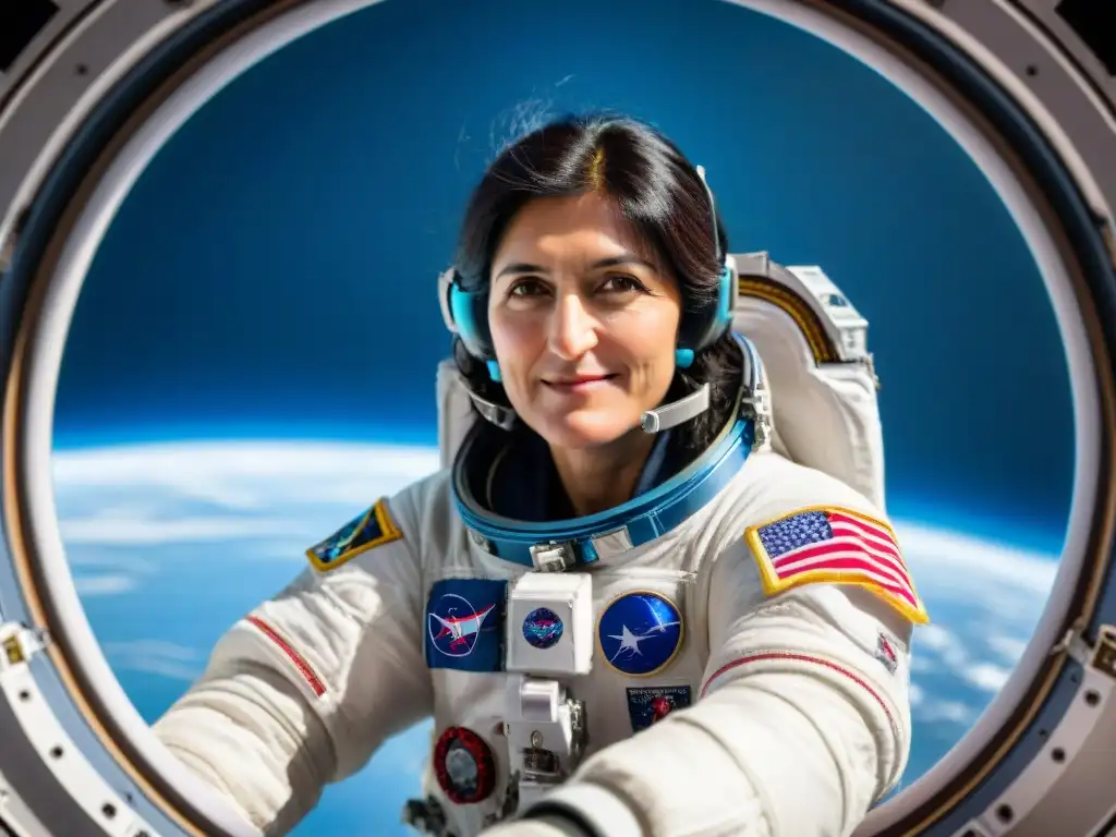 Exploración Espacial: Sunita Williams flota con gracia en la Estación Espacial, observando la Tierra desde la ventana