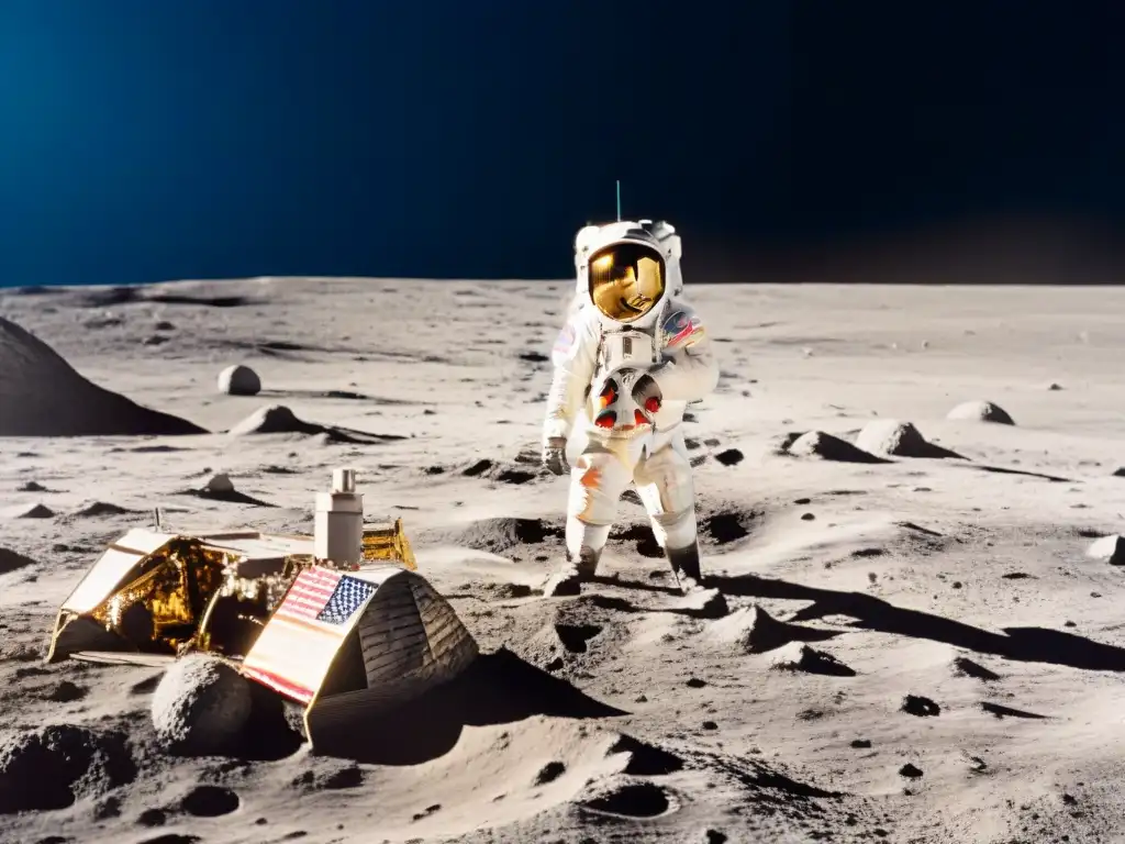 Exploración del espacio más allá: Buzz Aldrin en la Luna con la bandera y la nave Apolo 11, reflejando la Tierra en su visor dorado