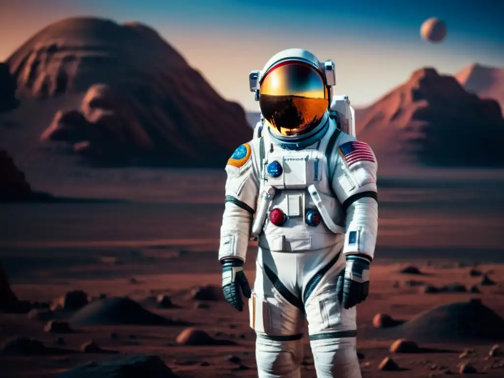 Exploración del espacio más allá: Buzz Aldrin en Marte con traje espacial futurista y paisaje marciano