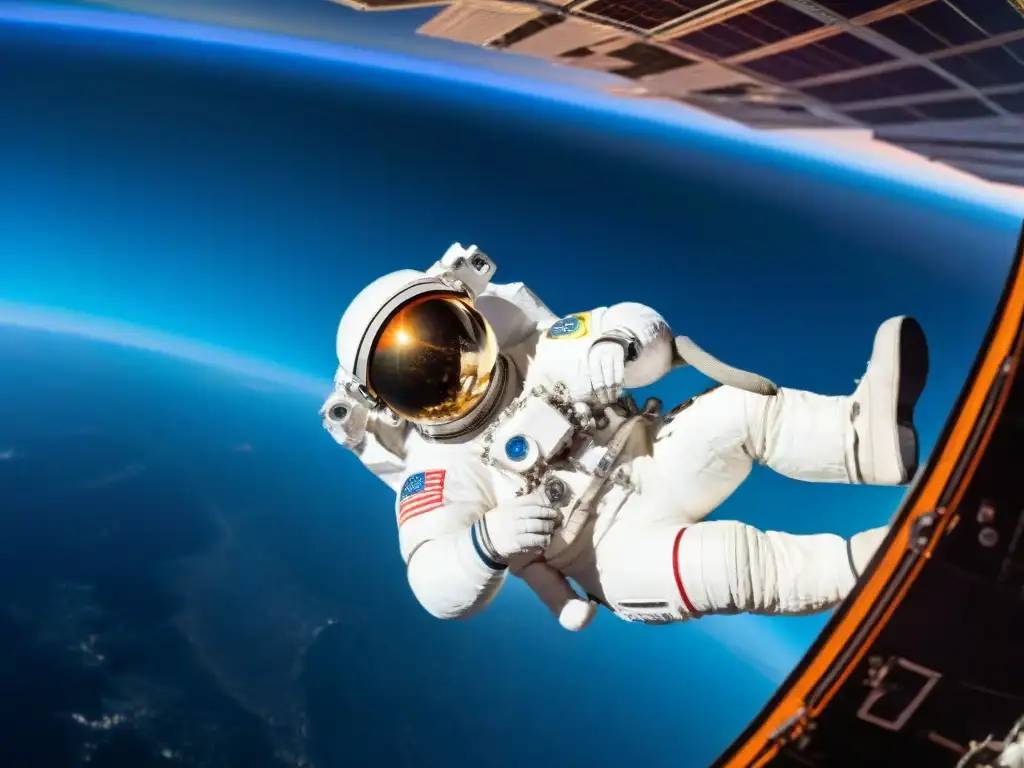 Exploración del espacio en Continuum: Astronauta flotando fuera de una estación espacial con la Tierra al fondo, reflejada en su visor