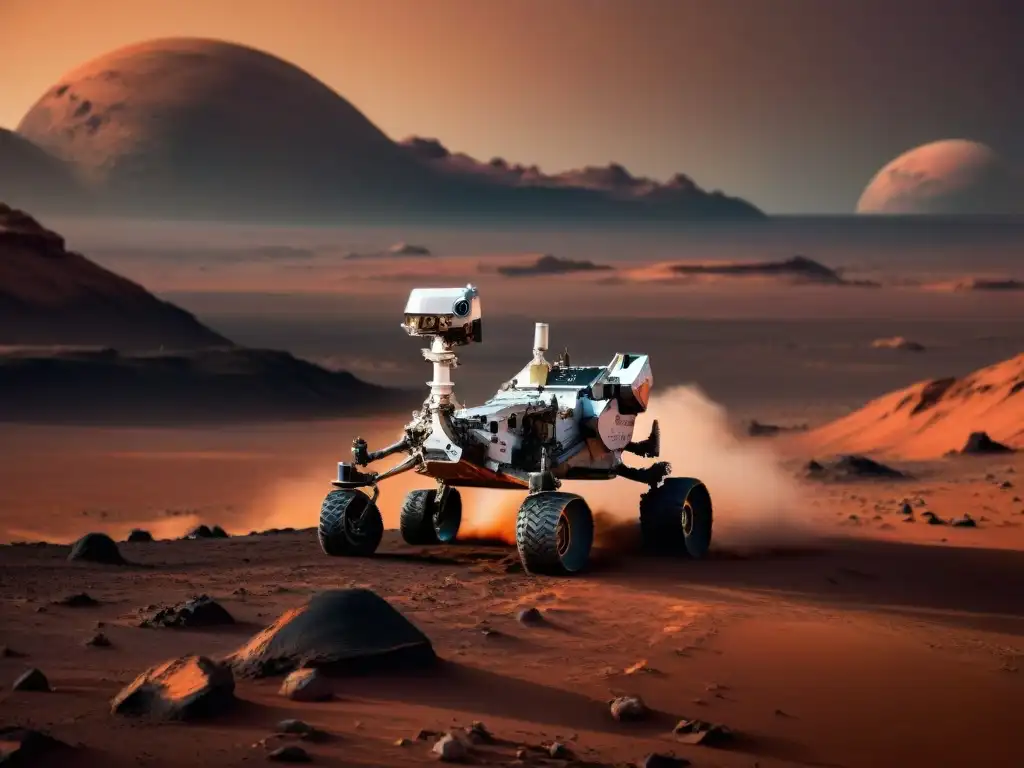 Exploración robótica en Marte: Rover avanzado en acción Exploración futurista en Marte: Rover avanzando al atardecer
