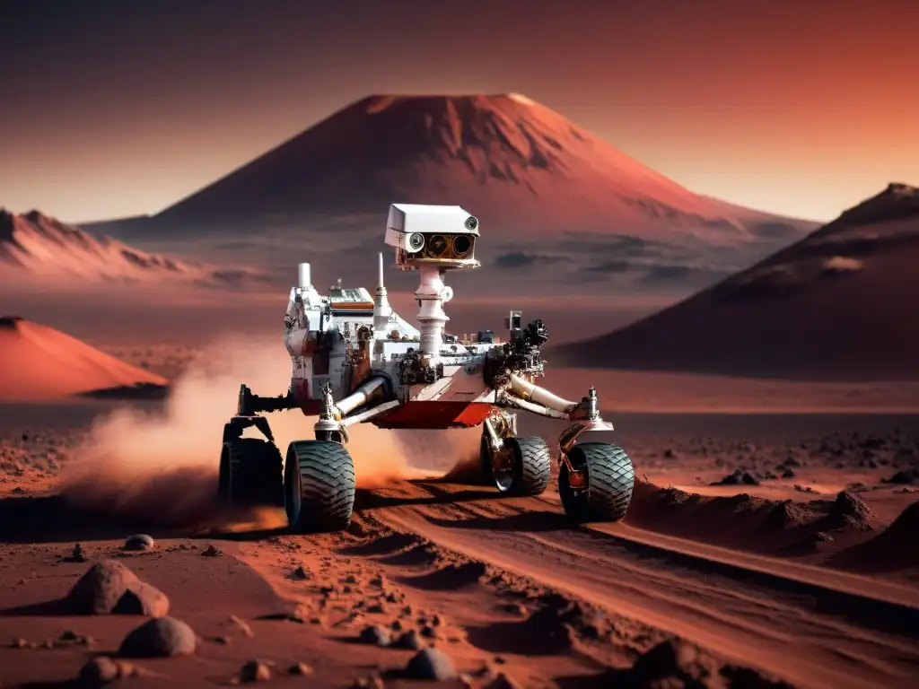 Exploración futurista en Marte: rover científico avanza bajo el cielo carmesí, con Olympus Mons de fondo