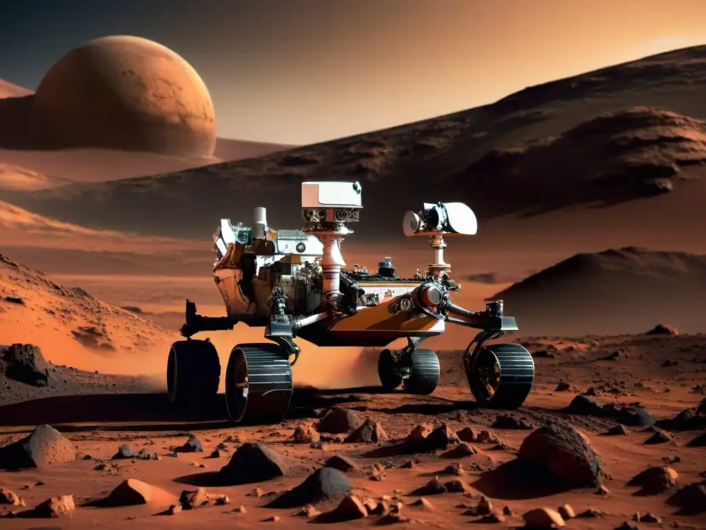 Exploración futurista del Rover Curiosity en Marte, destacando su detallada geología y ciencia