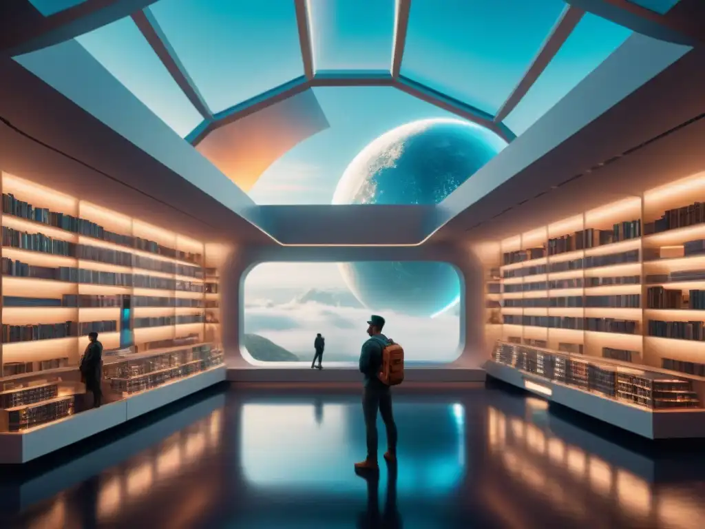 Exploración futurista de la literatura de ciencia ficción en una biblioteca espacial avanzada