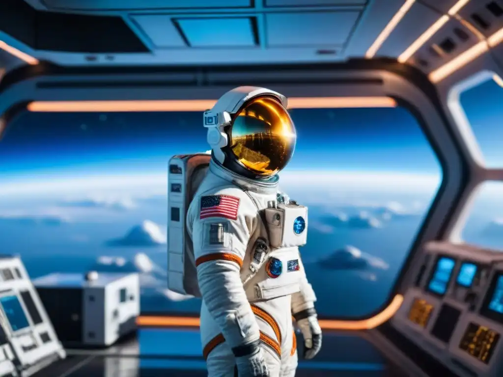 Exploración de inteligencia artificial en estaciones espaciales por un astronauta en traje futurista