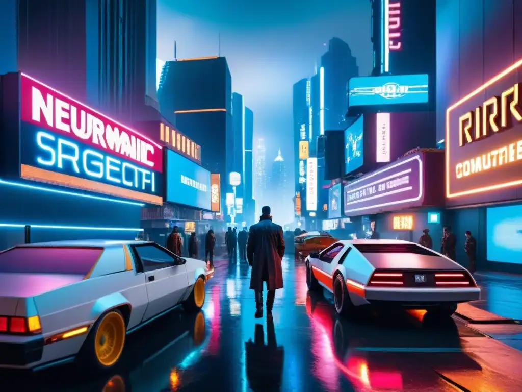 Exploración de libros de ciencia ficción: Una ciudad futurista cyberpunk lluviosa con rascacielos iluminados y coches voladores