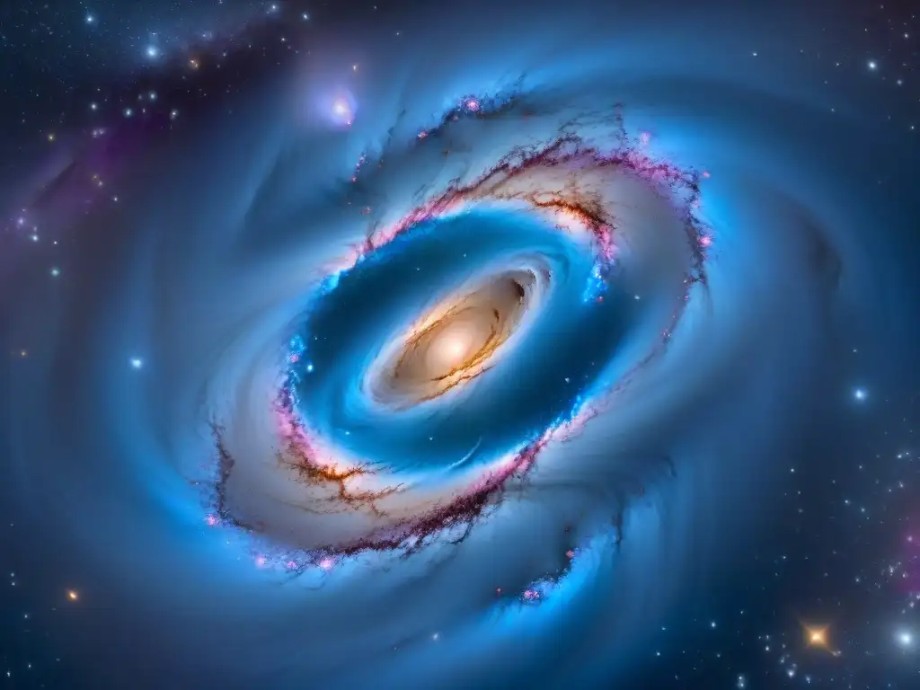 Exploración del límite de la ciencia: Galaxia fascinante con brazos de polvo cósmico y estrellas brillantes en tonos azules, morados y rosas