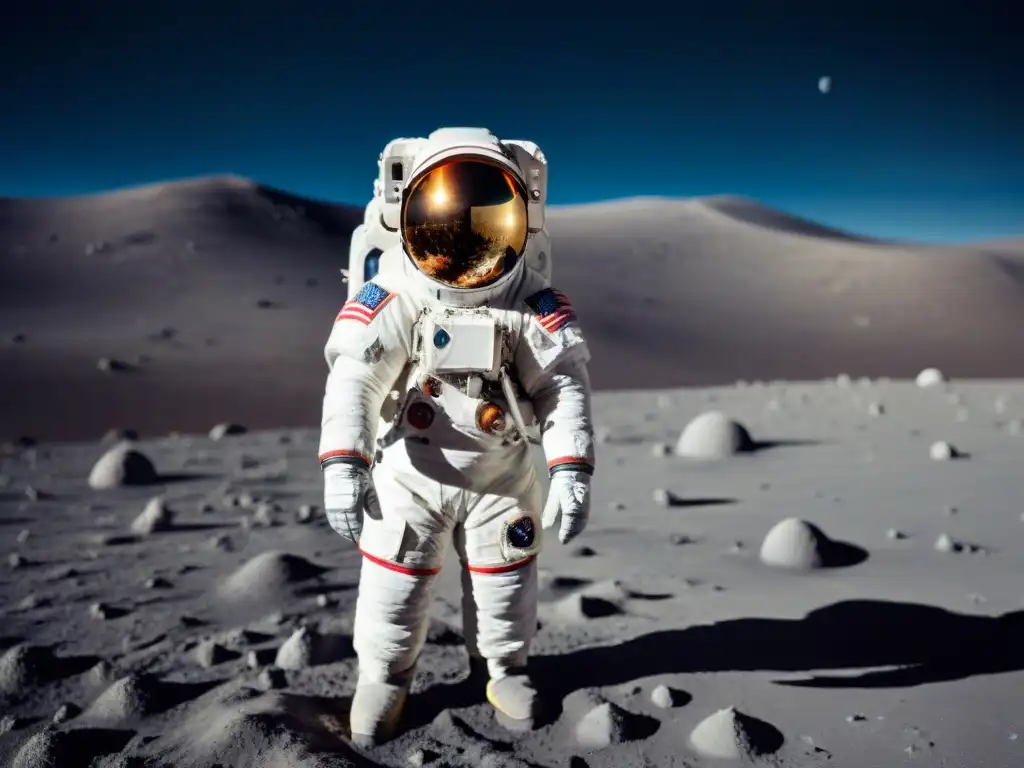 Exploración en la Luna: astronauta contempla la Tierra desde la superficie lunar, destacando la influencia de la Luna en la exploración espacial