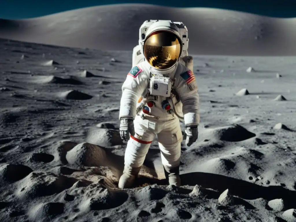 Exploración lunar: astronauta en la Luna con la Tierra de fondo, reflejada en su visor, mostrando la influencia de la Luna en la exploración espacial