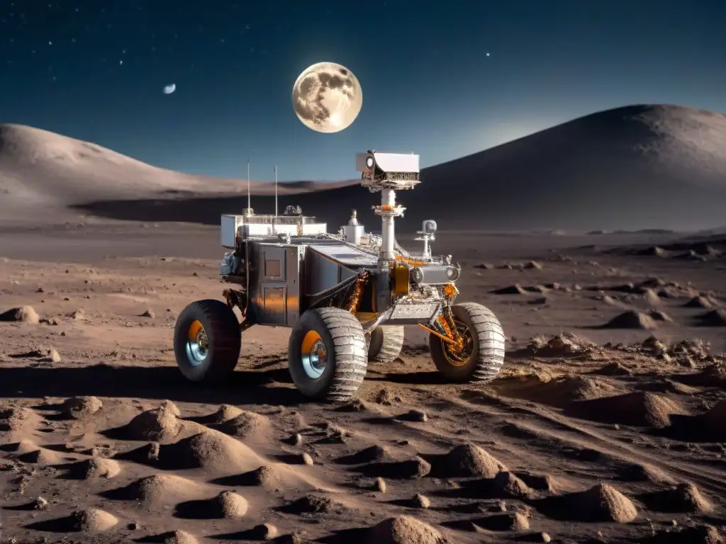 Exploración lunar con rover futurista y tecnología avanzada bajo un cielo estrellado