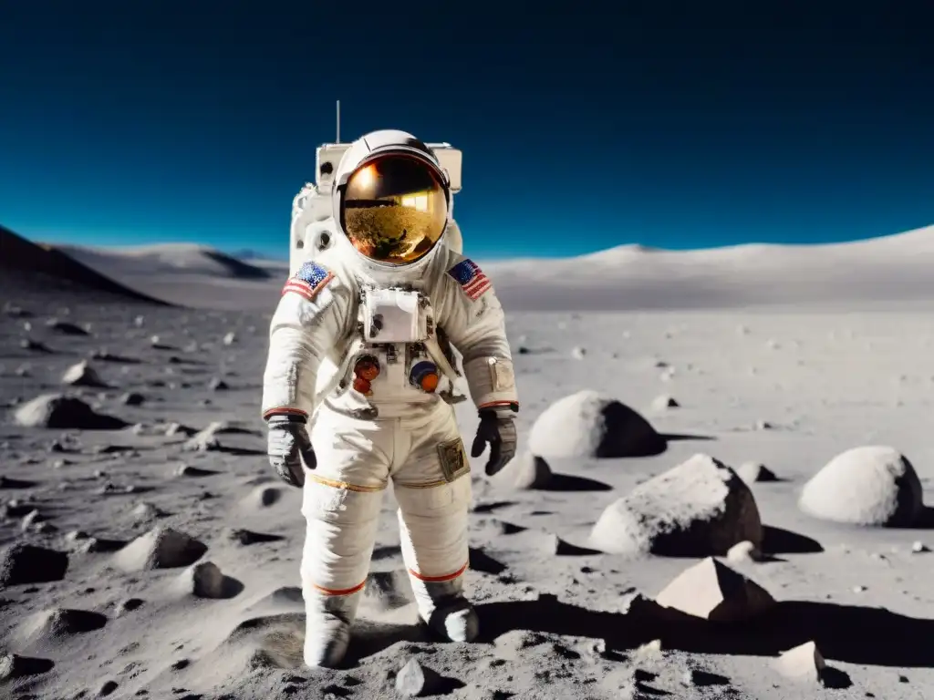 Exploración lunar con Harrison Schmitt geólogo Luna en traje espacial, reflejando la Tierra en su visor