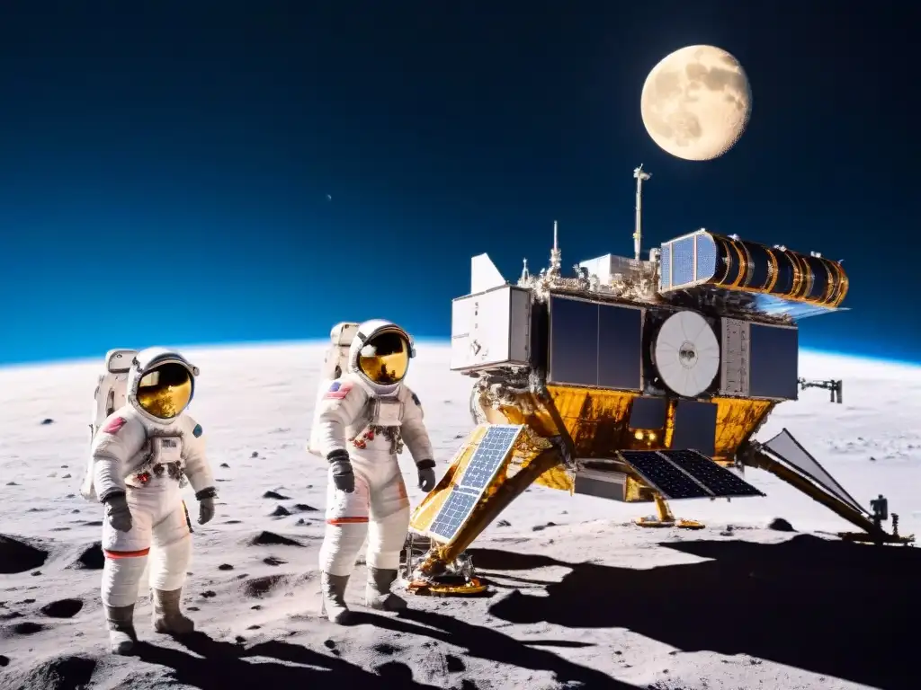 Exploración lunar Gateway sistema solar: Astronautas realizan mantenimiento en la estación espacial frente a la Tierra y la luna