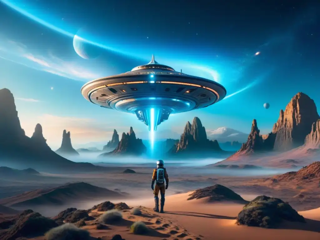 Exploración de maravillas del universo: Nave espacial futurista sobre paisaje alienígena con galaxias y criaturas extraterrestres