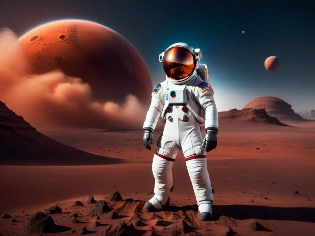 Exploración espacial con inteligencia artificial en Marte Exploración marciana con astronauta y nave espacial AI, refleja la integración de inteligencia artificial en misiones espaciales