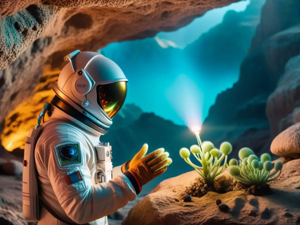 Exploración del miedo en Annihilation: Astronauta tocando planta alienígena brillante en cueva misteriosa