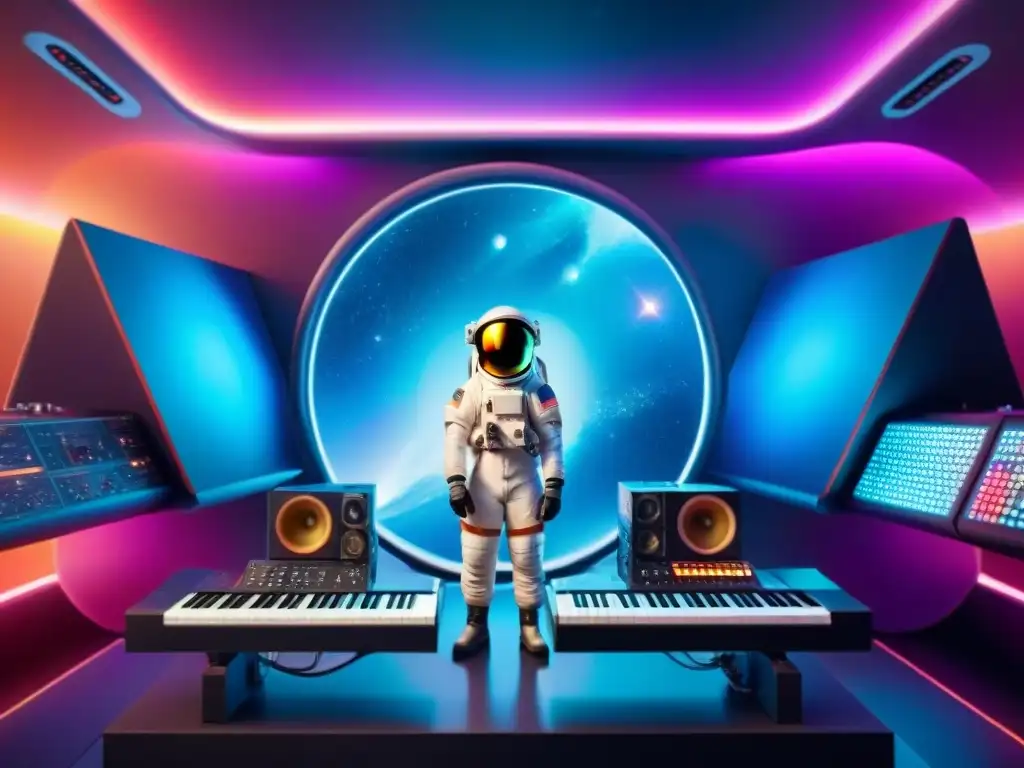 Exploración musical en la colonización espacial: astronauta rodeado de instrumentos futuristas y ondas de sonido coloridas