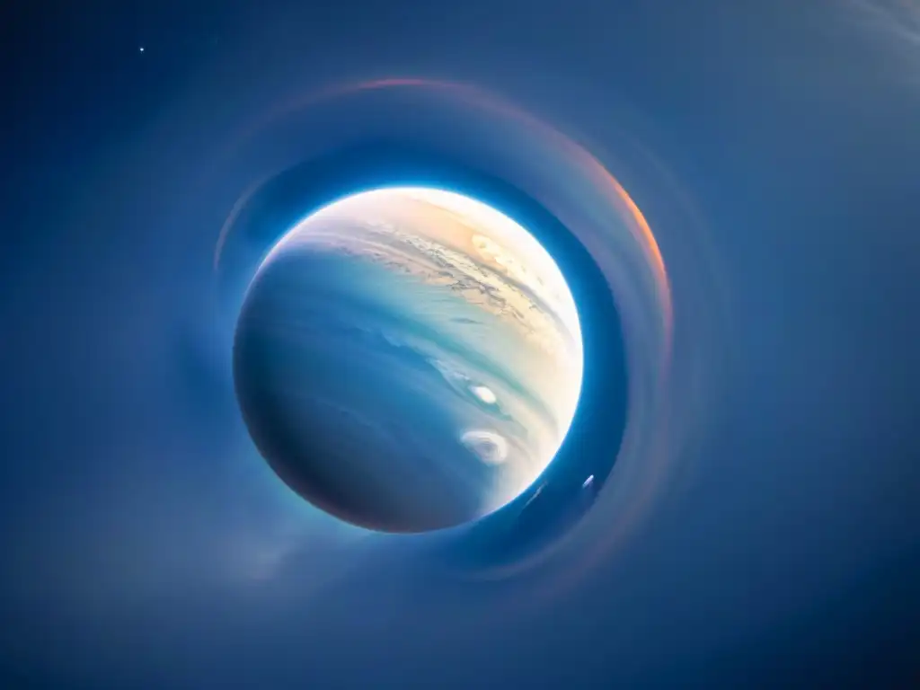 Exploración de Neptuno en detalle: imagen de alta resolución mostrando su color azul profundo y sus nubes blancas giratorias en el espacio