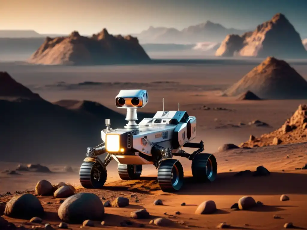 Exploración en planeta alienígena con rover robótico, destacando diseño y paisaje