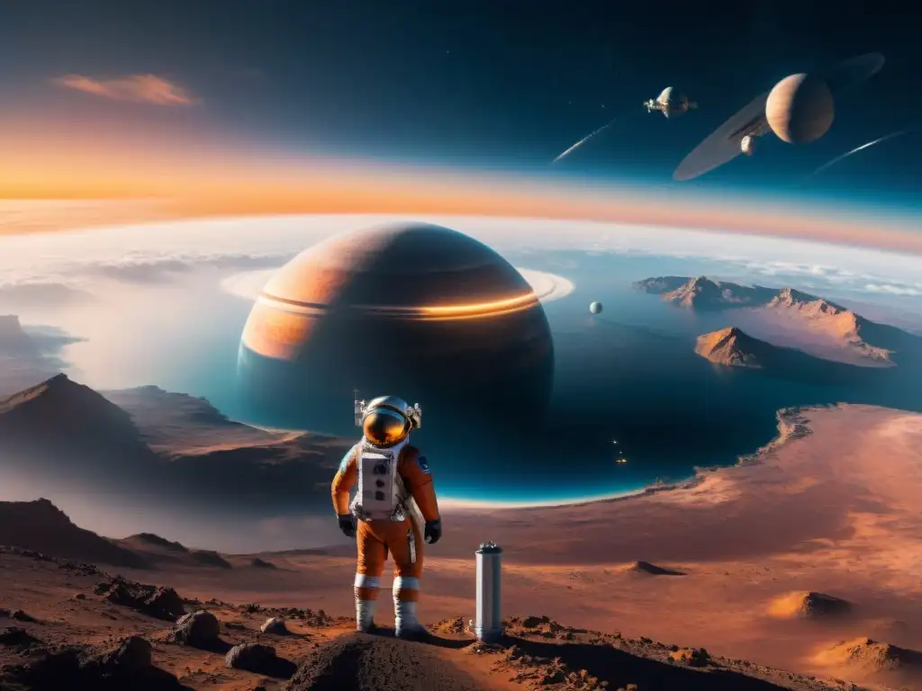 Exploración planetaria en el universo: astronautas en caminata espacial cerca de una estación espacial futurista orbitando un planeta distante