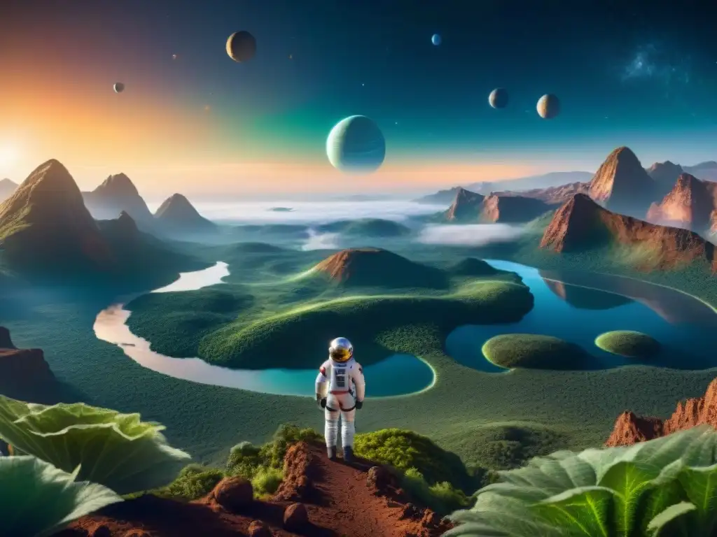 Exploración de planetas habitables en el universo: Grupo de exploradores maravillados en un exoplaneta terraformado, con bosques verdes y ríos