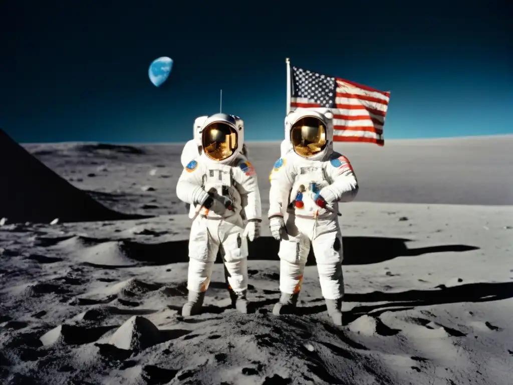 Exploración del primer paseo lunar: Neil Armstrong y Buzz Aldrin en la Luna durante la misión Apollo 11