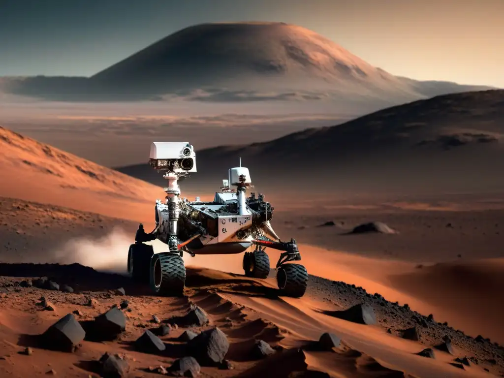 Exploración del universo: Robot Curiosity surcando Marte, dejando huellas en suelo rojizo frente al imponente Monte Sharp