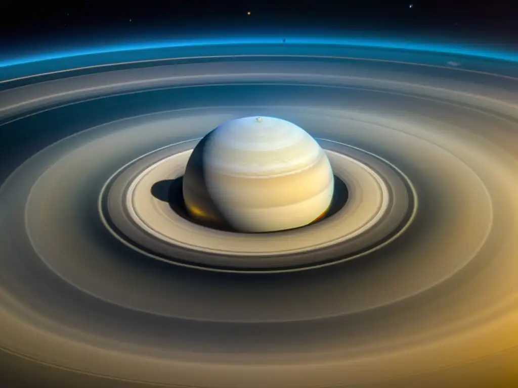 Exploración de Saturno con Cassini: Detalle de la nave orbitando Saturno, sus anillos y la majestuosidad del espacio