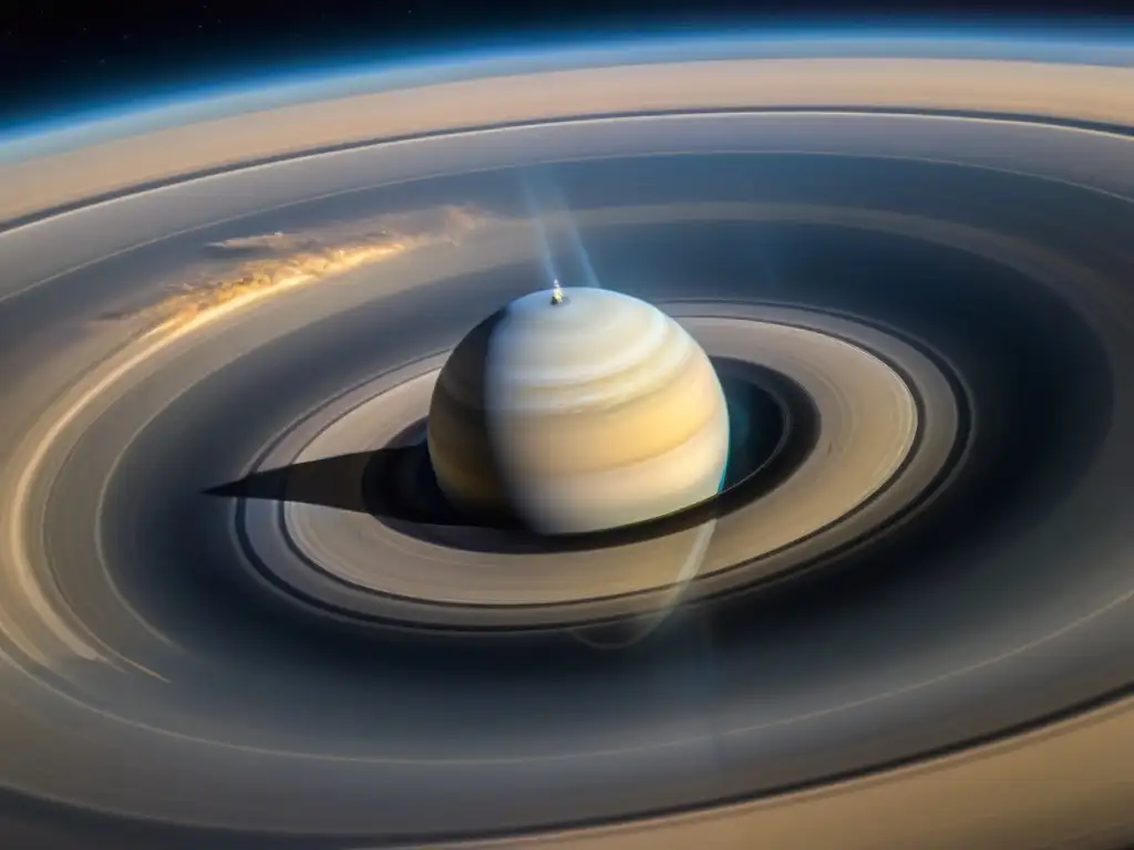 Exploración de Saturno con Cassini: Una imagen detallada de la nave espacial orbitando el planeta, mostrando sus anillos en vívido detalle