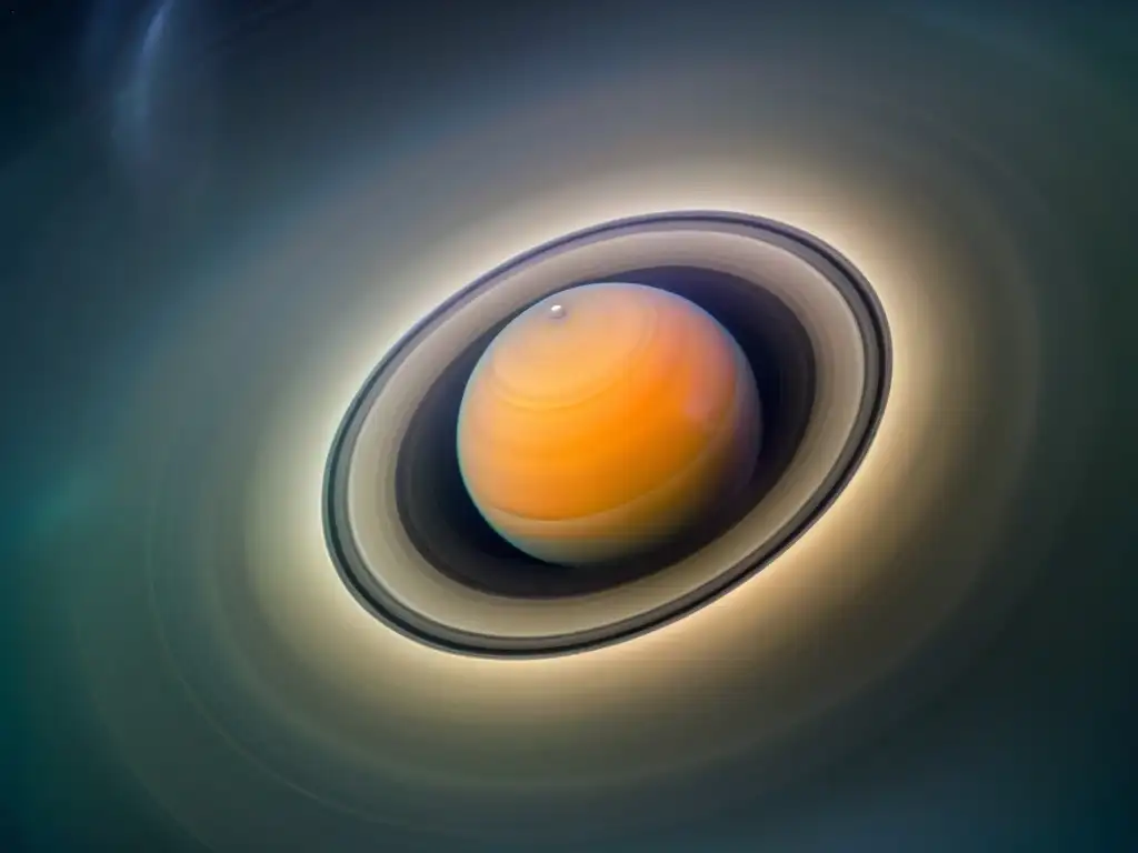 Exploración de Saturno con Cassini: nave espacial frente a los majestuosos anillos y atmósfera del planeta, bajo la luz del sol