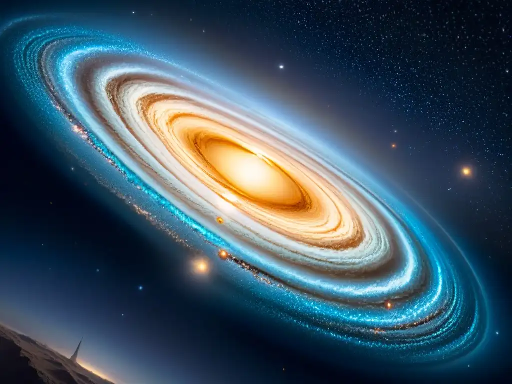 Exploración de secretos en la Vía Láctea: galaxia espiral, colores vibrantes, planetas lejanos y nave espacial