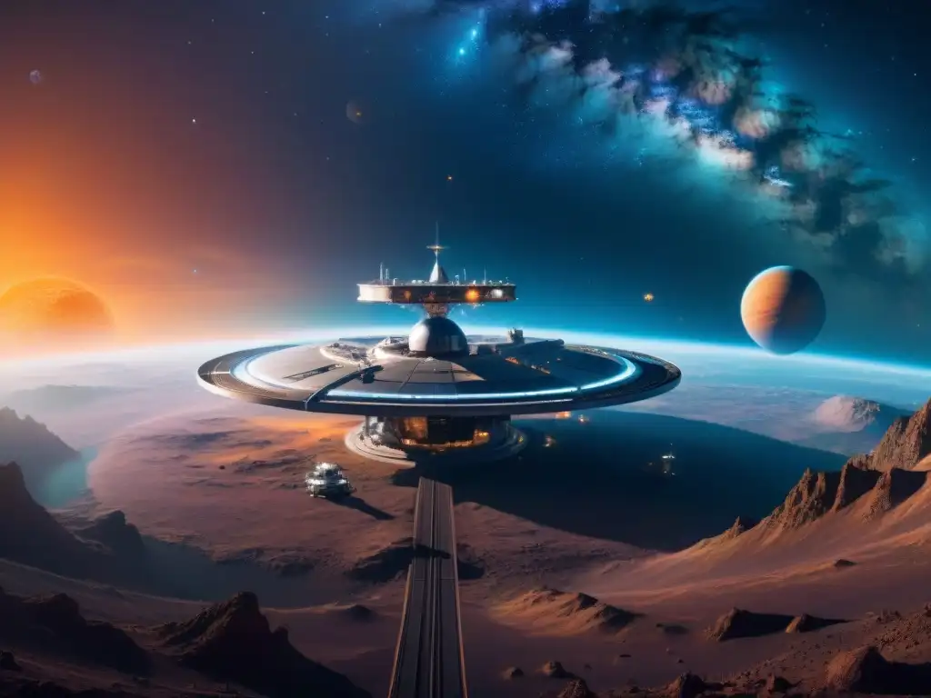 Exploración de sistemas estelares futuro en una estación espacial futurista orbitando un exoplaneta distante