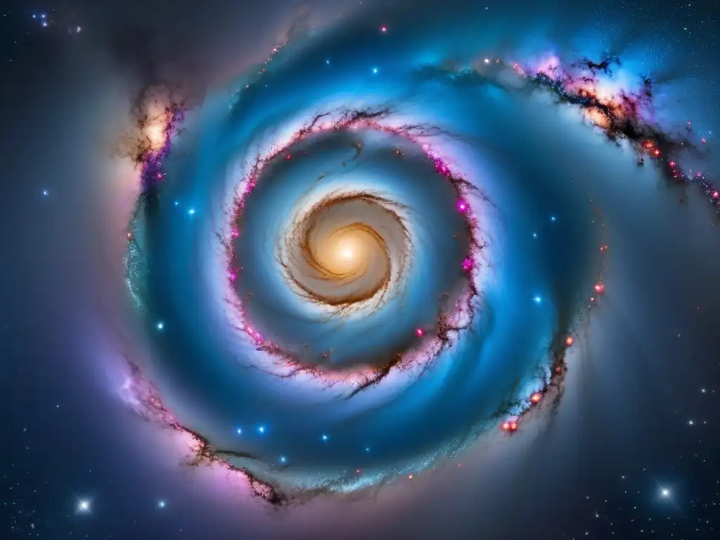 Exploración de sistemas estelares: galaxia espiral con tonos vibrantes de azul, rosa y morado, salpicada de estrellas y nubes de polvo