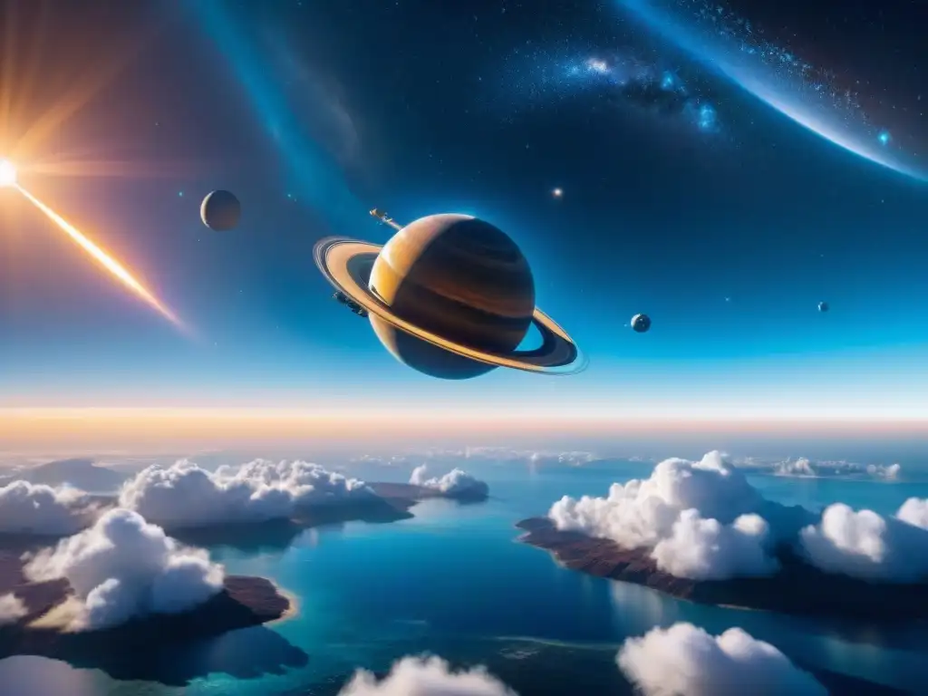 Exploración en sistemas estelares: Sonda espacial futurista sobre planeta exótico azul, con nubes giratorias y océanos brillantes