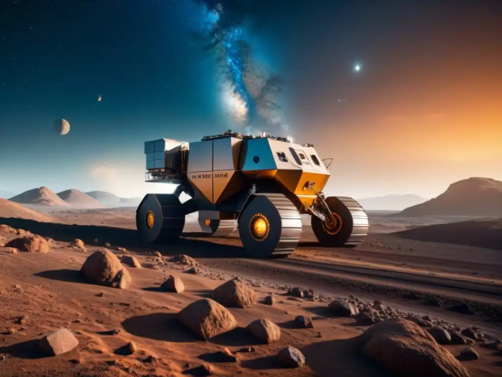 Minería espacial: tecnología avanzada en asteroide distante Exploración sostenible de recursos espaciales: maquinaria avanzada extrayendo minerales en asteroide futurista