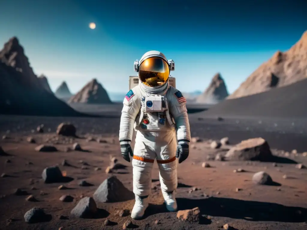 Astronauta en asteroide: extracción minera en el cosmos Exploración sostenible de recursos espaciales: Astronauta en asteroide futurista con maquinaria minera y cosmos estrellado