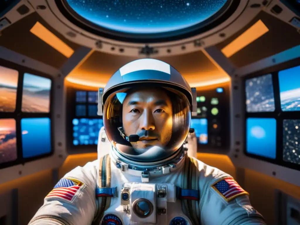 Exploración del universo con Koichi Wakata: Astronauta concentrado en la ISS rodeado de pantallas brillantes y la inmensidad del espacio