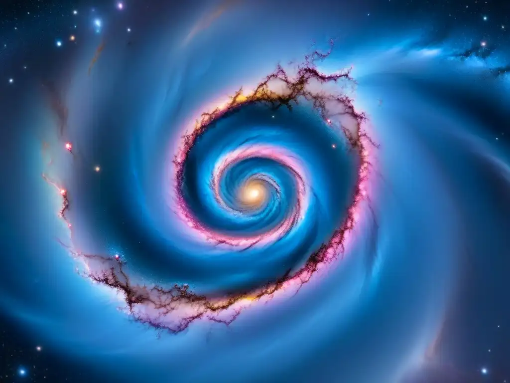 Exploración del universo en 3D: Detallada galaxia espiral con tonos azules, rosados y morados, estrellas y nebulosas brillantes