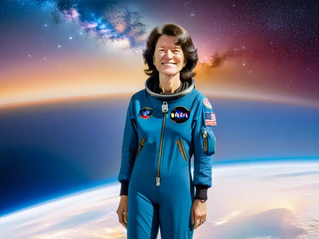 Exploración del universo con Sally Ride flotando entre estrellas y nebulosas, con la Tierra de fondo