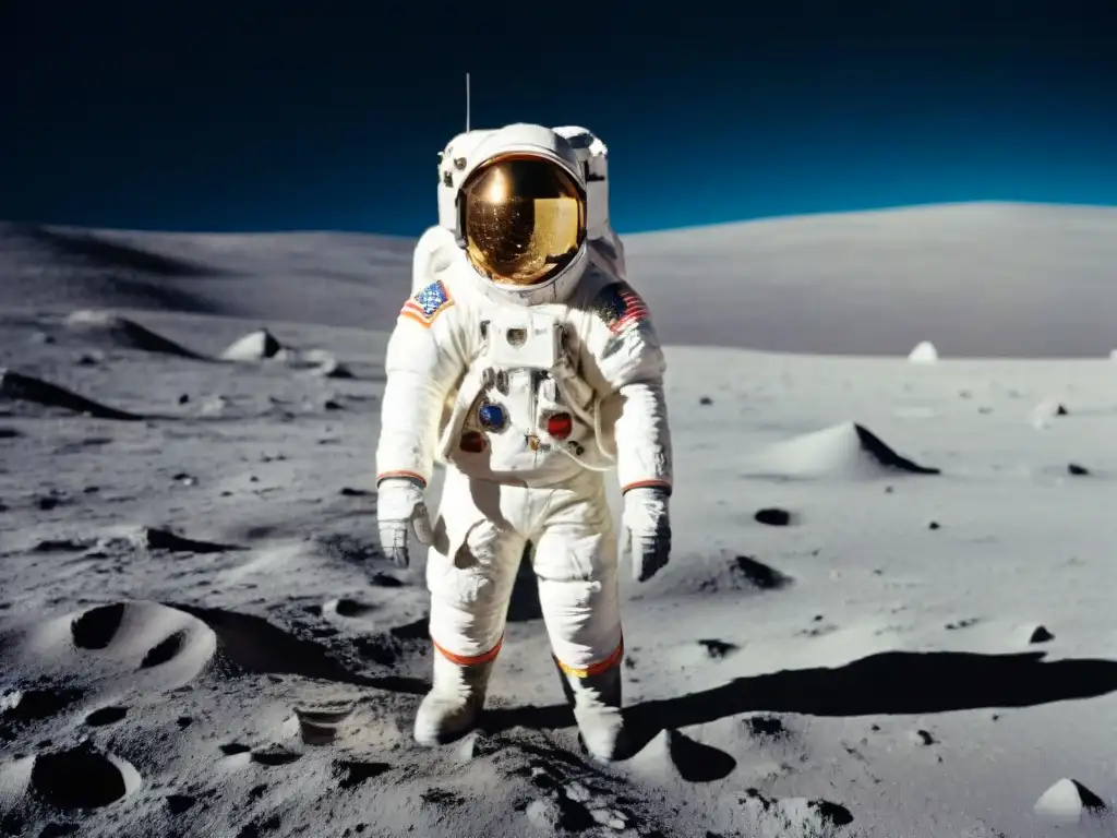 La exploración del universo en misiones espaciales: Neil Armstrong camina en la Luna con la Tierra de fondo, capturando la grandeza del espacio