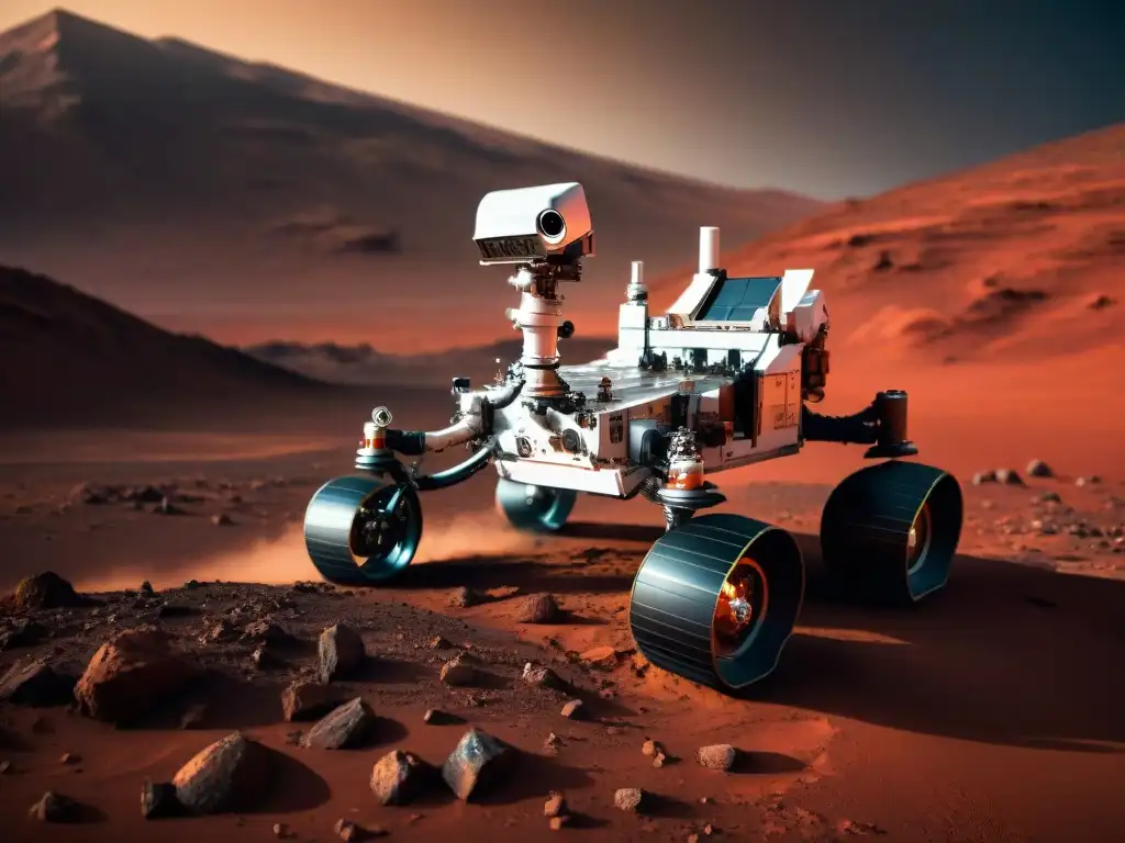 Exploración del universo misiones espaciales: Detalle impresionante del Mars Perseverance Rover explorando Marte, en busca de vida antigua