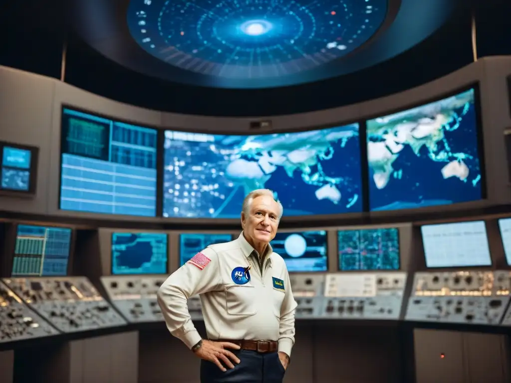 George Mueller liderando la exploración del universo en la sala de control de la NASA durante las misiones Apollo, rodeado de ingenieros y monitores