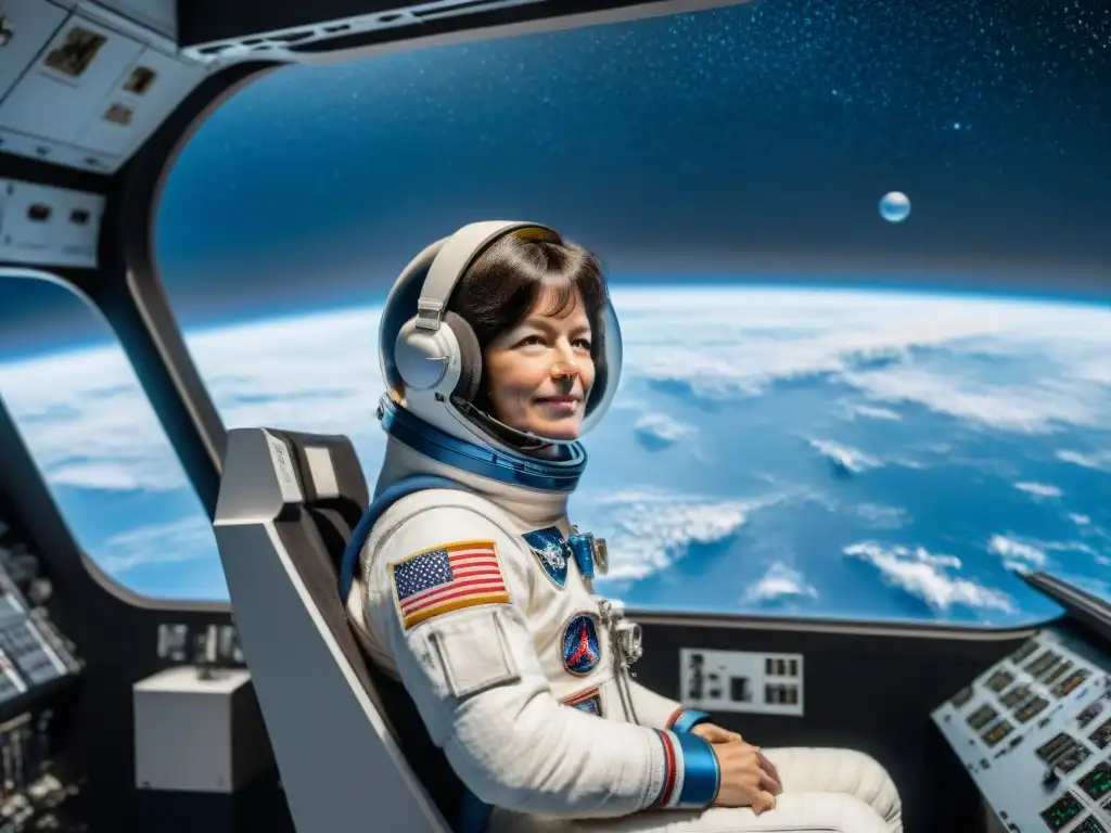 Exploración del universo con Sally Ride: la astronauta flota elegantemente en la nave espacial, rodeada por las estrellas y la Tierra en la distancia