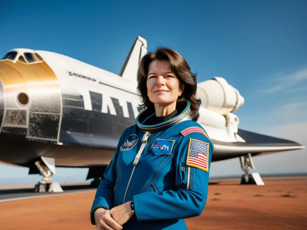 Exploración del universo con Sally Ride: Detalles de la astronauta frente al transbordador espacial, reflejando determinación y asombro